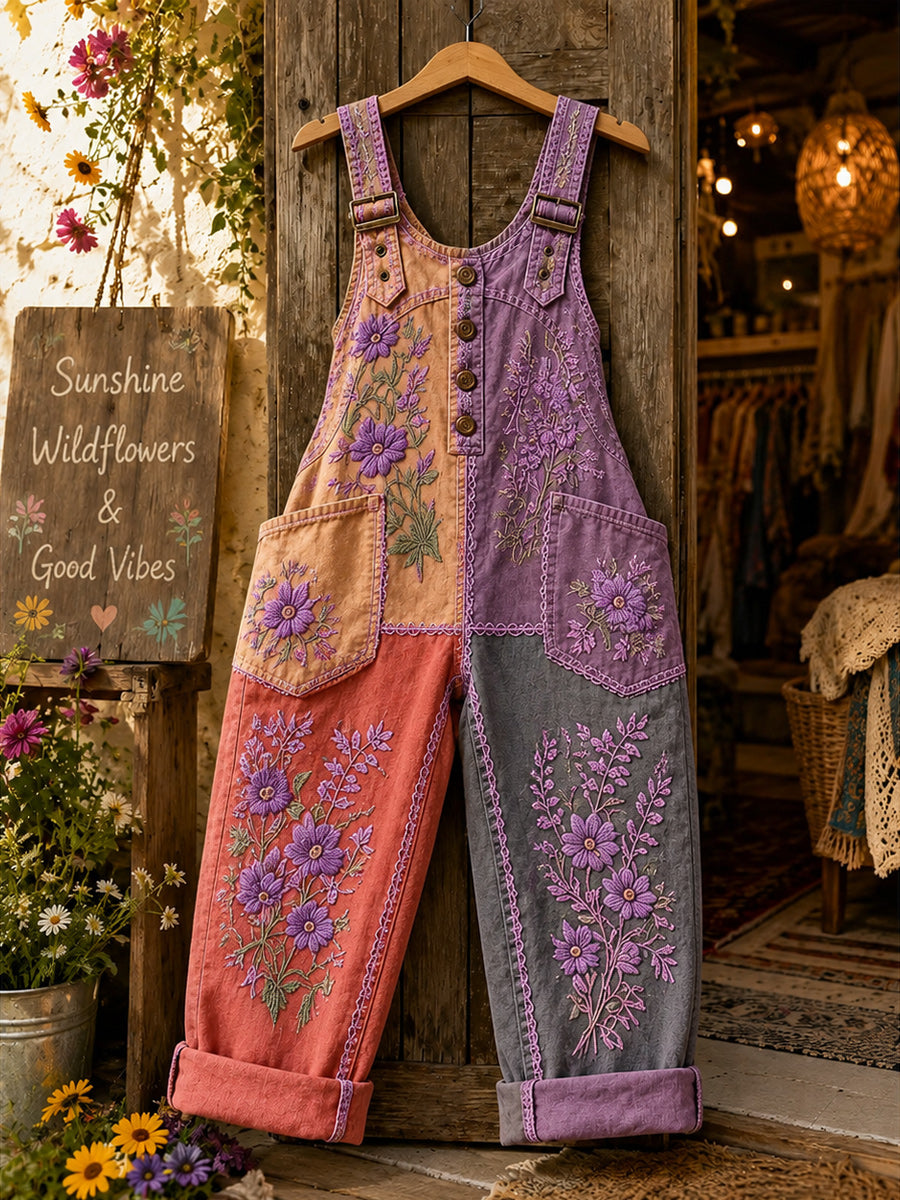 Women's Retro Style Art Print Washed Cotton Denim Patchwork Jumpsuit